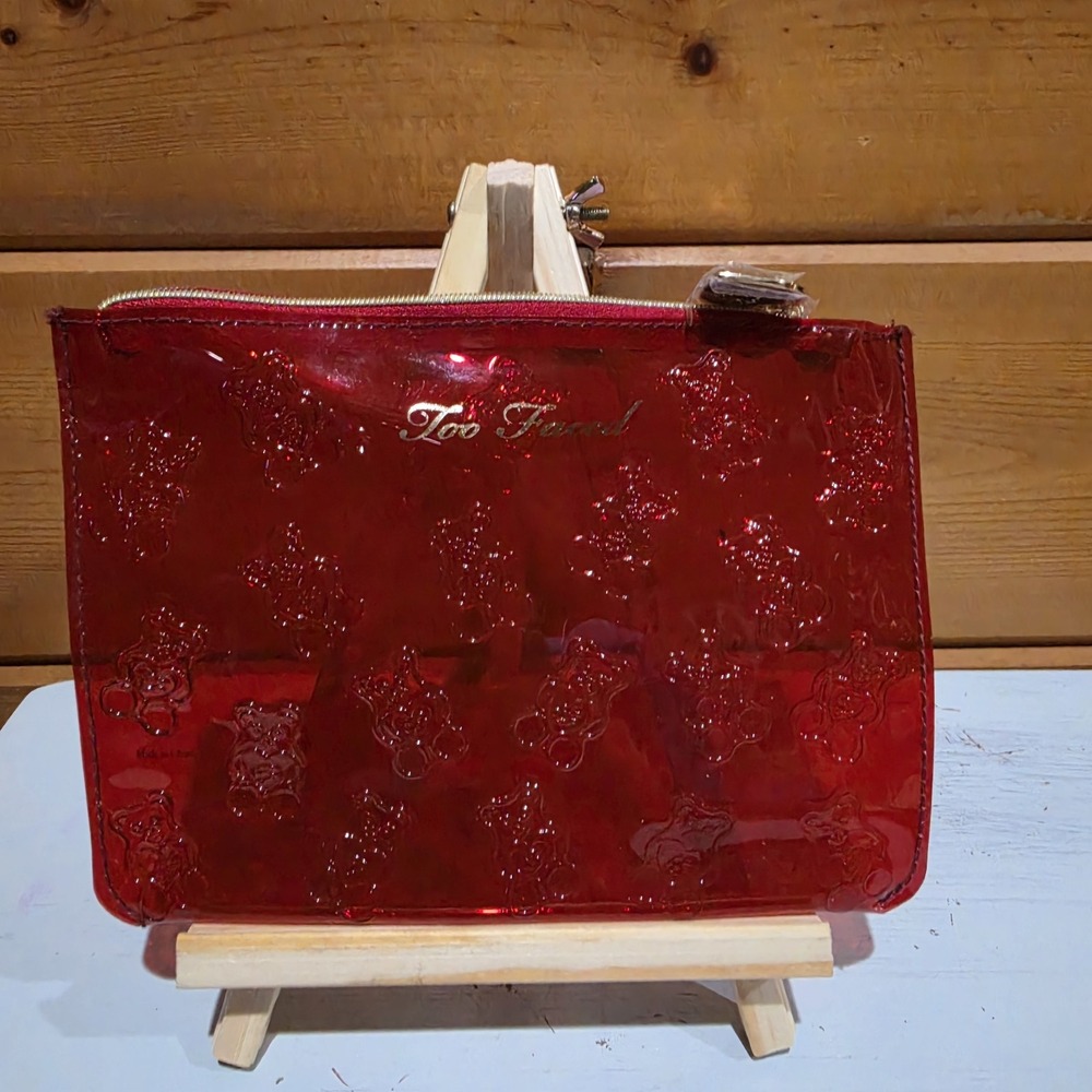 Too Faced Cinnamon Bear Makeup Bag Pouch Holder Red Gold Hardware
